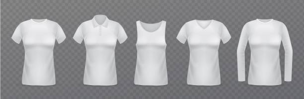 istock White women t-shirts. Realistic female clothes mockups, different types of blouses, collar options, long and short sleeves. Empty textile front view for marketing branding vector set 1301001884