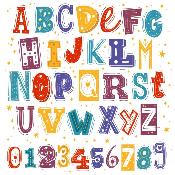 istock Funny kids font. Comic childish latin letters and arabic numbers, creative bright colorful english cute alphabet, cartoon multicolored typeface with hand drawn elements vector isolated set 1301001889