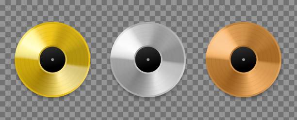 illustrazioni stock, clip art, cartoni animati e icone di tendenza di disco in vinile metal. realistici dischi audio delle classifiche d'oro, bronzo e platino, canzoni e cantanti degli album di premi musicali, mockup d'argento e oro rosa. set vettoriale su sfondo trasparente - third place audio