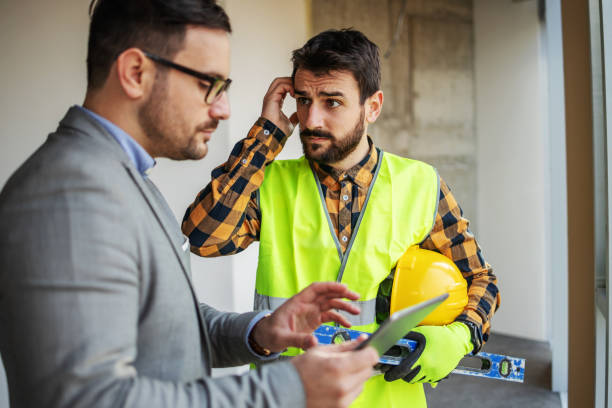 Upset construction worker looking at his supervisor and getting confused what is wrong. Supervisor holding tablet and showing him blueprints.