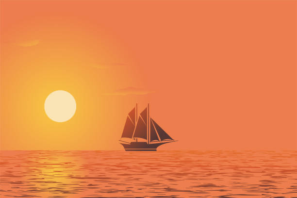 illustrazioni stock, clip art, cartoni animati e icone di tendenza di vista tramonto con illustrazione vettoriale silhouette nave - horizon over water transportation sailing hawaii islands