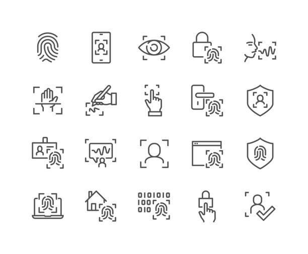 ilustraciones, imágenes clip art, dibujos animados e iconos de stock de iconos biométricos de línea - identity