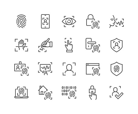 Simple Set of Biometric Related Vector Line Icons. 
Contains such Icons as Voice Recognition, Fingerprint, Door Lock and more.
Editable Stroke. 48x48 Pixel Perfect.