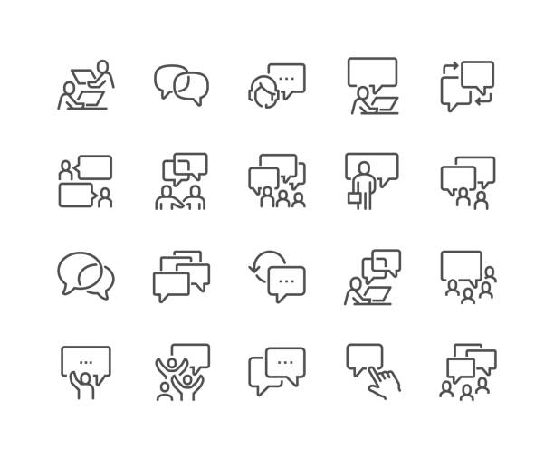ilustraciones, imágenes clip art, dibujos animados e iconos de stock de iconos de comunicación empresarial de línea - comunicación