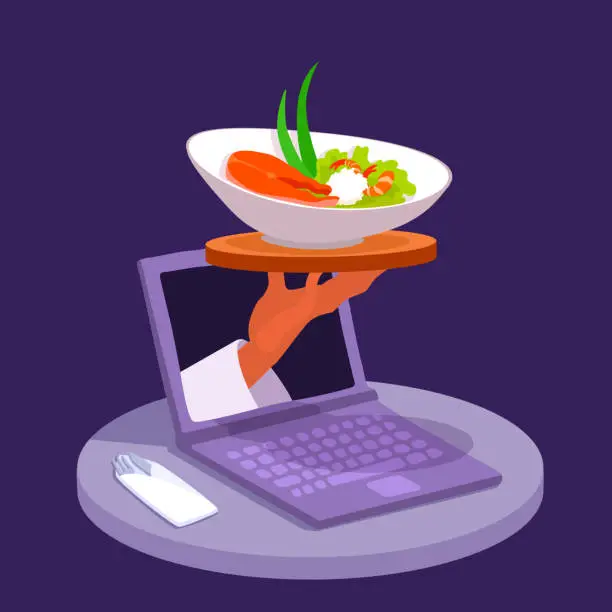 Vector illustration of Online delivery food order from restaurant concept. A cook chef hand appears from a laptop screen. Fine dining delivering to the home.