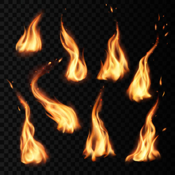 Fire flames burning realistic icons with sparks Fire flames burning realistic icons with sparks isolated on vector transparent background. Campfire flames and combustion heat or igniting red fire torch with sparks flares and hot blaze 3D glow Fireball stock illustrations