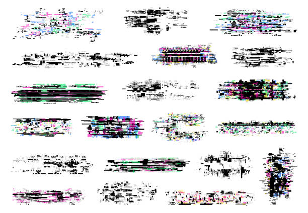 Glitch texture, digital pixel noise, screen error Glitch textures vector set of digital pixel noise, tv screen and television static error, VHS video distortion, computer code failure, no signal effect. Interference color glitched pixel mosaic design television static stock illustrations