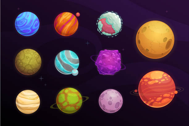 Alien planets cartoon set of space game interface Alien planets vector cartoon set of space game user interface, ui or gui design. Fantasy galaxy universe planets and stars with craters, asteroids and satellites, orbits, ice crystal and meteor rings alien planet stock illustrations