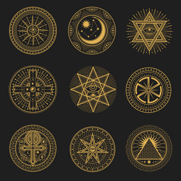 признаки оккультизма, алхимии и астрологии - occultism stock illustrations