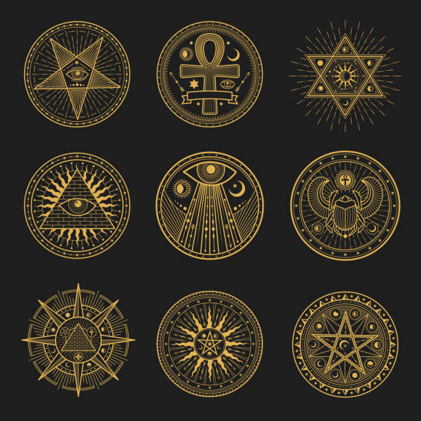 znaki okultystyczne, okultyzm, symbole astrologii alchemii - pentangle stock illustrations