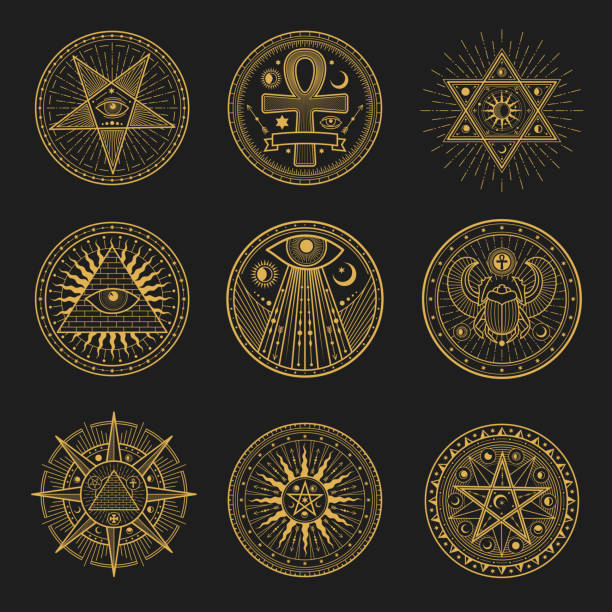 Occult signs, occultism, alchemy astrology symbols Occult signs, occultism, alchemy and astrology symbols and sacred religion mystic emblems. Vector magic eye, masonry pyramid and scarab, sun and moon in pentagram, egypt ankh esoteric round signs set masonic symbol stock illustrations