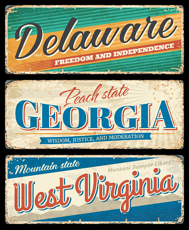 American states, Delaware, Georgia and West Virginia vintage vector banners, signs for travel destination. Retro grunge boards, antique worn signboards with typography, touristic landmarks plaques set