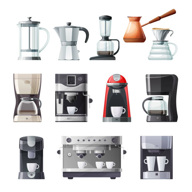 커피 메이커와 에스프레소 머신 만화 아이콘 - cup coffee pot coffee coffee cup stock illustrations