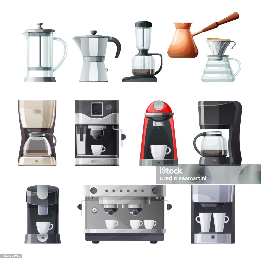 Coffee Maker And Espresso Machine Cartoon Icons Stock Illustration -  Download Image Now - Coffee Maker, Coffee - Drink, Machinery - iStock