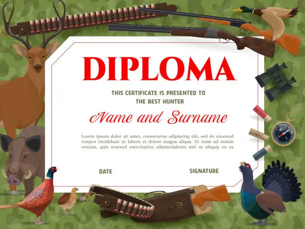 Vector illustration of Diploma with wild animals and hunting ammo, weapon