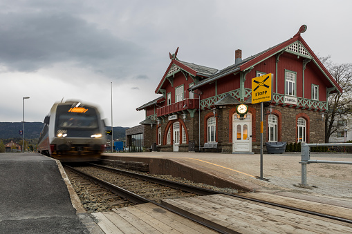 A local train entering Størdal station just north of Trondheim in Norway