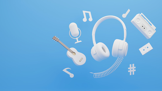 3d render of headphones surrounded by music concept