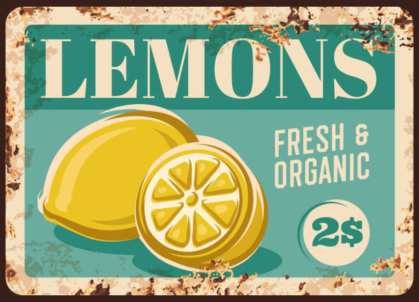 ilustraciones, imágenes clip art, dibujos animados e iconos de stock de frutas de limón placa de metal oxidado, mercado de la granja de alimentos - backgrounds rusty organic dirty