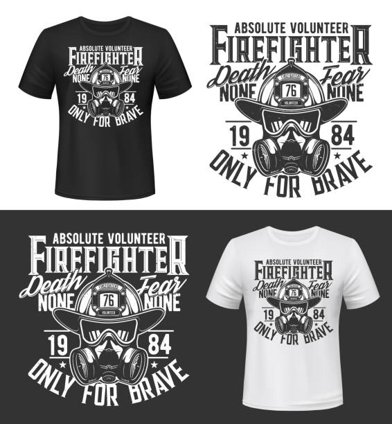 Tshirt print with firefighters equipment gas mask Tshirt print with firefighters equipment gas mask, glasses and helmet vector apparel mockup. Fire department rescue team emergency service black and white t shirt print design isolated label or emblem fire alphabet letter t stock illustrations