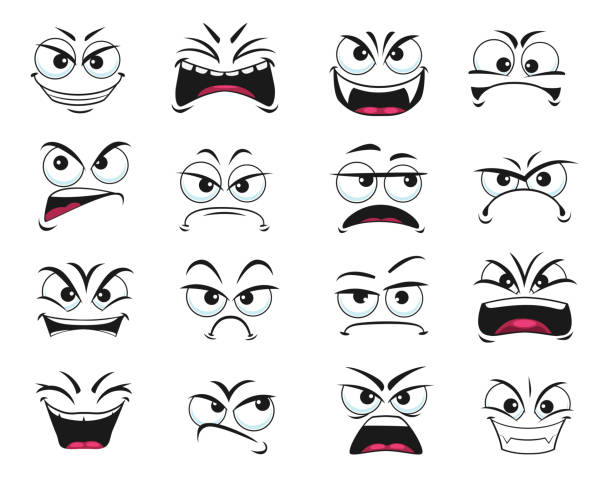 ilustrações de stock, clip art, desenhos animados e ícones de cartoon face expression isolated vector icons set - smirking