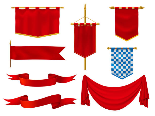 Medieval flags and banners royal vector red fabric Medieval flags and banners, royal vector fabric of red and chequered blue and white colors. Vintage style ribbons, knight standards with golden fringe, antique military gonfalon on poles isolated set renaissance stock illustrations