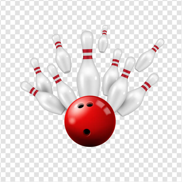 Bowling ball, skittles on transparent background Bowling ball and skittles isolated on transparent background, vector ninepin strike on alley, bowling club sport and leisure entertainment center, realistic 3d red ball and skittle pins strike on lane cricket bowler stock illustrations