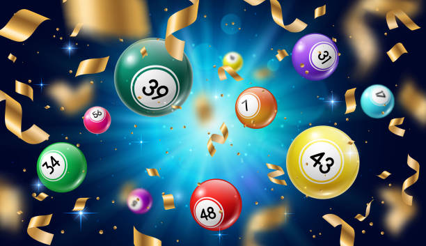 Lottery balls 3d vector bingo, lotto or keno games Lottery balls 3d vector bingo, lotto or keno gambling games. Gaming leisure activity recreation, lottery raffle, colourful spheres with lucky numbers of winning combination falling with gold confetti. bingo equipment stock illustrations