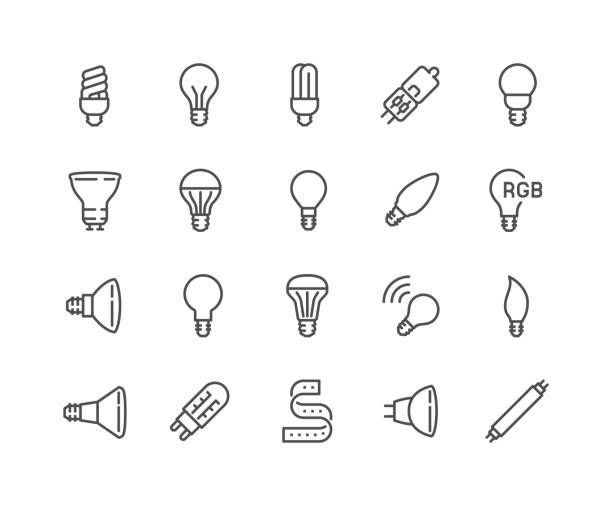 ilustraciones, imágenes clip art, dibujos animados e iconos de stock de iconos de bombilla de línea - led lighting equipment light illuminated