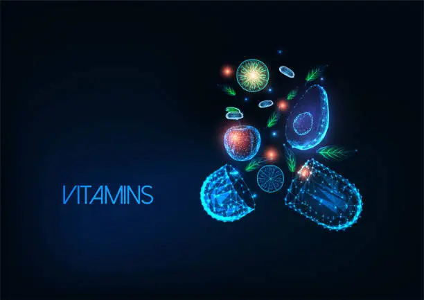 Vector illustration of Futuristic healthy eating, vitamin food concept with glowing low poly pill, fruits and vegetables