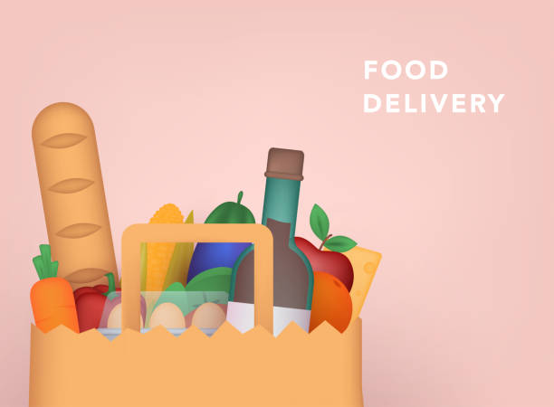 ilustrações de stock, clip art, desenhos animados e ícones de food delivery. healthy organic fresh and natural food. grocery delivery concept. 3d vector illustrations. - supermercado 3d