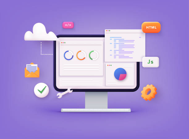 ilustrações, clipart, desenhos animados e ícones de programação e codificação do site. desenvolvimento web e codificação. ilustrações de vetores 3d. - imagens estereoscópicas