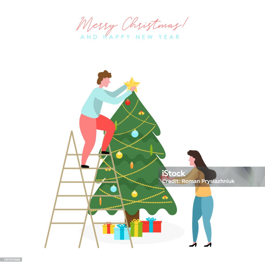Mensen die Kerstboom verfraaien. Mannen en vrouwen maken zich klaar voor het nieuwe jaar en vrolijk kerstfeest. - Royalty-free Kerstmis vectorkunst