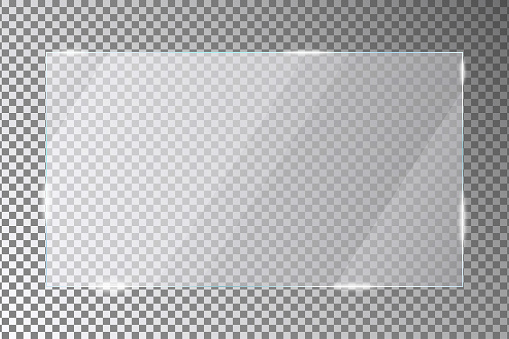 Glass plate on transparent background. Acrylic or plexiglass plates with gleams and light reflections in rectangle shape. Vector illustration.