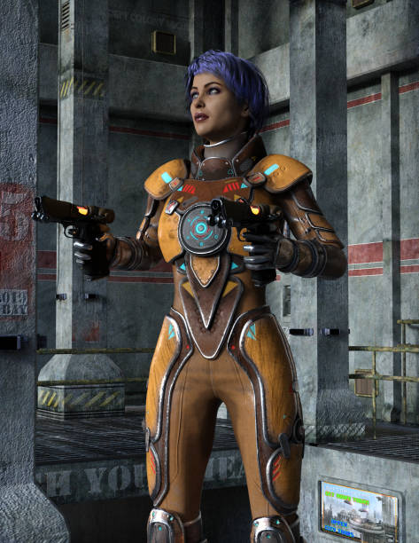 istock Futuristic soldier with guns in a space base, 3d illustration 1301018737