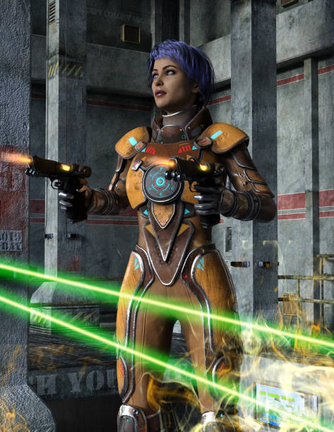 istock Futuristic soldier with guns fighting in a space base, 3d illustration 1301018749