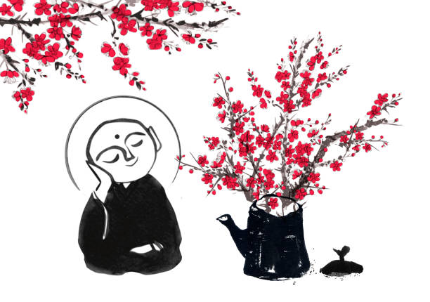 Ink painting of two praying japanese boddhisattva Jizo and sakura blossom. Traditional Japanese ink wash painting of Buddha sumi-e. Ink painting of two praying japanese boddhisattva Jizo and sakura blossom. Traditional Japanese ink wash painting of Buddha sumi-e. buddha face stock illustrations