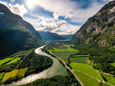 Village of Sunndalsora lies at the mouth of the river Driva at the beginning of the Sunndalsfjorden. Beautiful Nature Norway natural landscape.