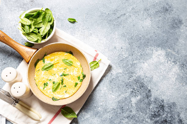 istock homemade egg omelet with spinach in a frying pan on a gray concrete background 1301020755