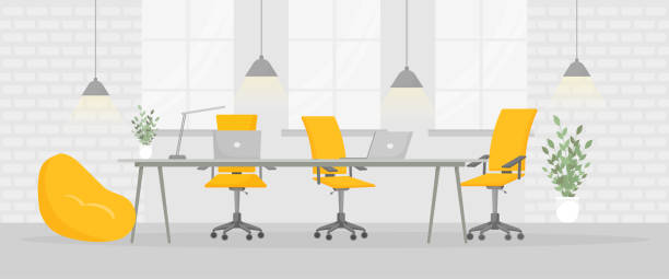 Trendy flat with office area. Office furniture. Vector flat design. Room interior. Trendy flat with office area. Office furniture. Vector flat design. Room interior setting stock illustrations