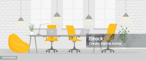 Trendy Flat With Office Area Office Furniture Vector Flat Design Room Interior Stock Illustration - Download Image Now