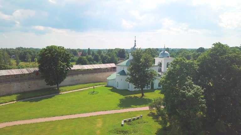 Aerial view on ancient orthodox church St. Nicolas in the Izborsk fortress. Izborsk, Pskov region, Russia