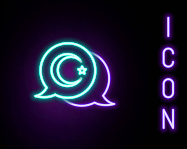 istock Glowing neon line Star and crescent - symbol of Islam icon isolated on black background. Religion symbol. Colorful outline concept. Vector 1301021323