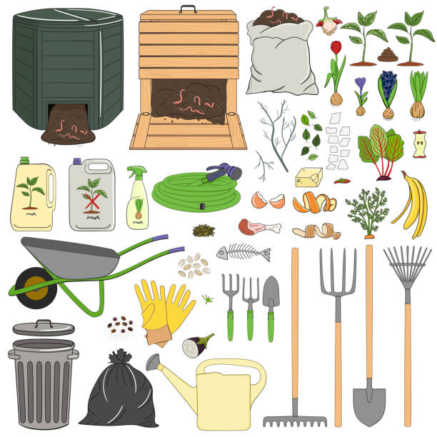 illustrazioni stock, clip art, cartoni animati e icone di tendenza di set di attrezzature e strumenti per il giardinaggio, rifiuti organici, composter in legno e plastica. agricoltura e agricoltura - humus soil