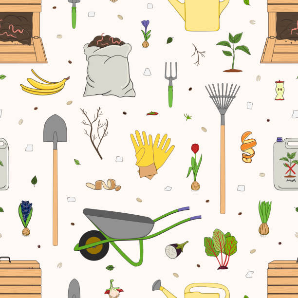 illustrations, cliparts, dessins animés et icônes de modèle sans couture avec des déchets organiques et des outils de jardin. restes de cuisine, composteur, sac avec compost. l’agriculture et l’agriculture. compostage à domicile et concept zéro déchet - dirt backgrounds humus soil textured