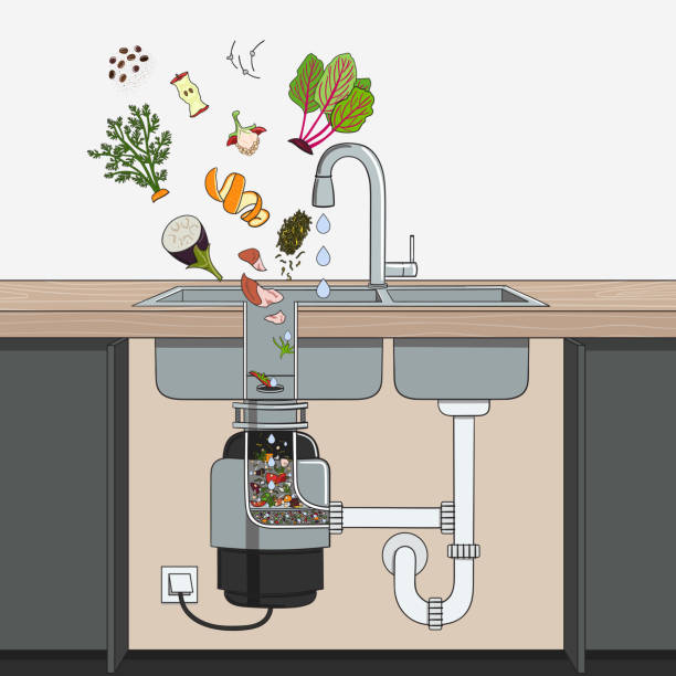 illustrations, cliparts, dessins animés et icônes de disposer de déchets alimentaires installé sous l’évier de la cuisine avec des restes qui tombent dedans. élimination des ordures ménagères. intérieur de la cuisine. recyclage des déchets organiques. concept zéro déchet - sink