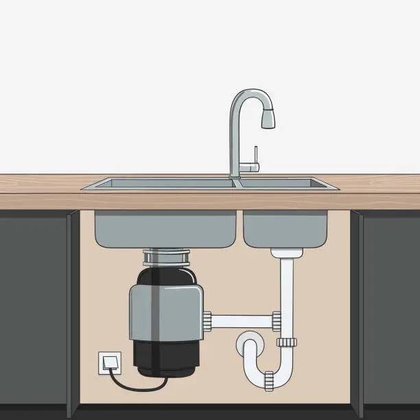 Vector illustration of Food waste disposer installed under kitchen sink. Home garbage disposal. Kitchen interior. Recycling organic waste. Sustainable living, zero waste concept