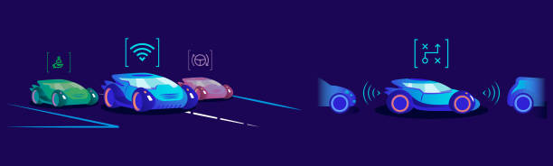 istock Smart driverless cars flat color vector illustration. Vehicles with different automation levels and driver assistance function on blue background. Automobiles with intelligent control systems 1301021954