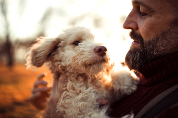 istock Men holding dog in arms 1301022827