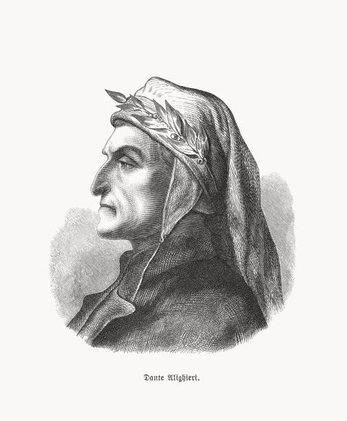 Dante Alighieri (1265-1321), Italian poet and philosopher, woodcut, published 1893 Dante Alighieri (1265 - 1321), Italian poet and philosopher of the Middle Ages. Wood engraving, published in 1893. circa 14th century stock illustrations