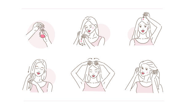 hair serum Beauty Girl Take Care of her Damaged Hair and Applying Treatment Serum on Hair Roots and Tips. Woman Making Haircare Procedures.  Beauty Haircare Routine. Flat Line Vector Illustration and Icons set. bathroom silicone stock illustrations